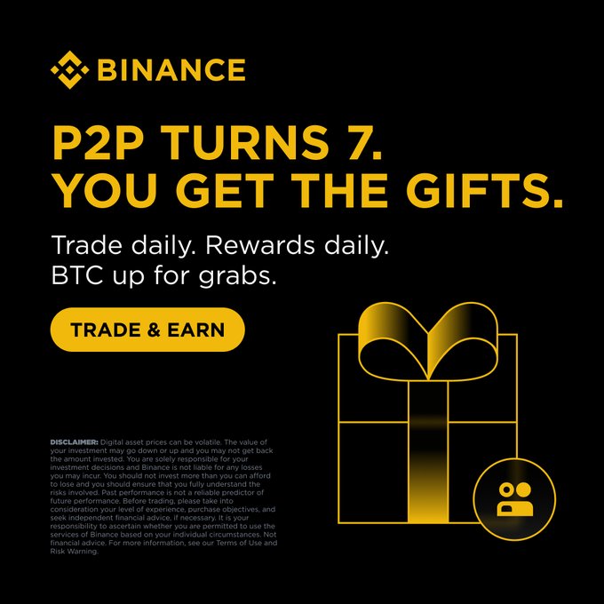 A Binance ad celebrating P2P's 7th anniversary, featuring a black background with yellow text reading "P2P TURNS 7. YOU GET THE GIFTS." and "Trade daily. Rewards daily. BTC up for grabs," accompanied by an illustration of a gift box. The "TRADE & EARN" button and BTC giveaway messaging directly support the post's promotion of Binance P2P's daily trading rewards campaign.