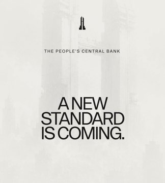 A grayscale promotional graphic for 'THE PEOPLE'S CENTRAL BANK' featuring a missile icon and the text 'A NEW STANDARD IS COMING.' over a faint cityscape background.