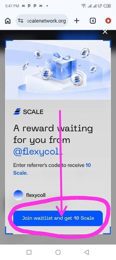 A mobile screenshot from scalenetwork.org displays a promotional pop-up offering 10 Scale tokens for joining the waitlist using the referrer code from user @flexycoll, with a circled "Join waitlist and get 10 Scale" button highlighted in pink. This corresponds to the accompanying post introducing Scale Network as an AI-focused blockchain platform and promoting its mining waitlist through a referral program.