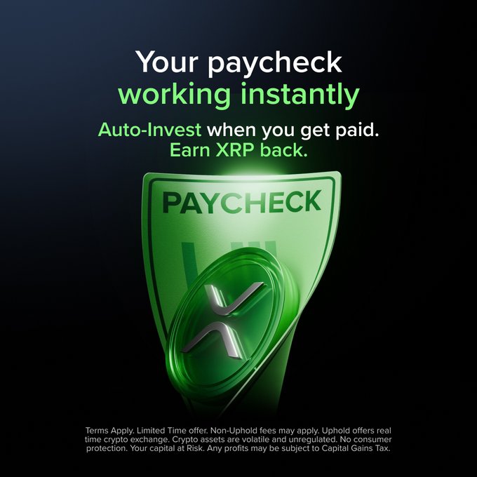 The image features a green shield that says "Paycheck" written in white letters, with an X on top of it. The background of the image is black. Below the shield, there's text that reads "Your Paycheck Working Instantly. Auto-Invest when you get paid. Earn XRP back." This message suggests that the person who wrote this post might be promoting a new cryptocurrency called XRP or an app related to managing finances and investments. The purpose of the post is to encourage people to invest in cryptocurrencies, as it offers them immediate financial gains through XRP transactions.