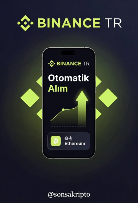The image shows a Binance TR app interface on a smartphone displaying the "Otomatik Alım" (Automatic Purchase) feature, with an upward-trending arrow graphic, Bitcoin and Ethereum ticker icons, and the @sonsakripto watermark—visually promoting the auto-invest feature highlighted in the post as a strategy for consistently buying BTC or ETH during a falling market.