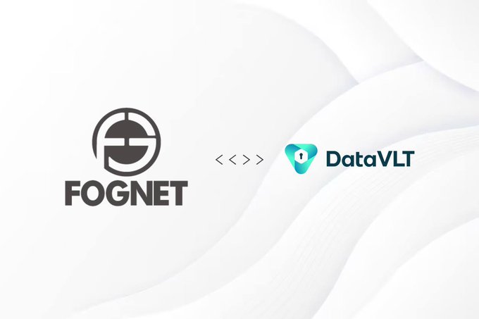 A corporate graphic showing the FOGNET logo connected by code symbols to the DataVLT logo on a wavy white background.