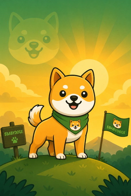 A cartoon Shiba Inu mascot stands proudly on a grassy hill with "$BABYDOGE" signage, featuring a large dog face logo in the sky against a radiant sunset background. The bullish imagery of the mascot embodying the $BABYDOGE brand reinforces the post's message of unwavering commitment to accumulating the token at low prices, symbolizing holder conviction and anticipated future gains.