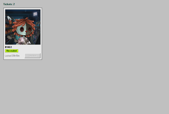 Digital ticket interface showing 'Tickets: 2' with one revealed NFT ticket #1461 depicting a colorful character with dreadlocks, locked at 335h:59m, with an 'Unpack' button.
