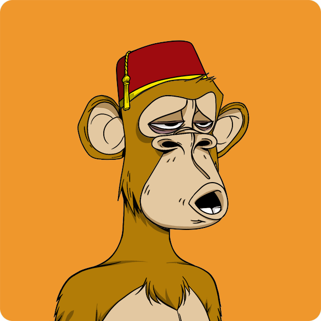 A cartoon illustration of a brown monkey with large ears wearing a red fez hat with a gold tassel, displaying a tired expression with half-closed purple eyes against an orange background.