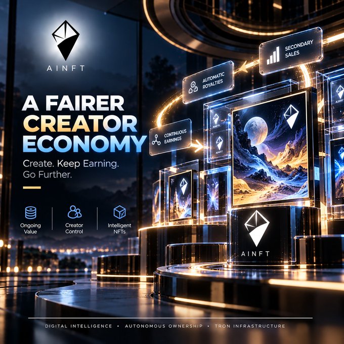 An advertisement for 'AINFT' promoting 'A FAIRER CREATOR ECONOMY' with features like Ongoing Value, Creator Control, and Intelligent NFTs, referencing Tron Infrastructure and Digital Intelligence.