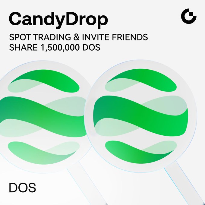 A promotional graphic for dappOS's "CandyDrop" campaign featuring two green swirl-patterned lollipops, with text announcing spot trading and invite friends activities to share a prize pool of 1,500,000 DOS tokens. The image visually represents the candy-themed rewards program highlighted in the post, which details earning potential through trading, referrals, and VIP tasks.