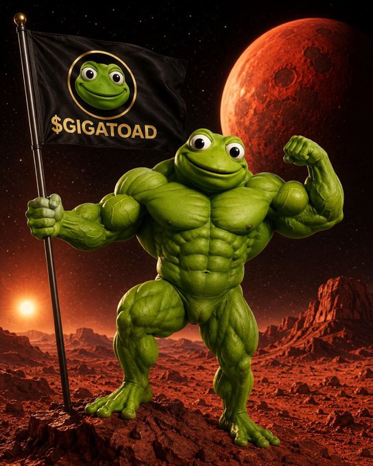 A muscular green frog, holding a flag with "$GIGATOAD" emblazoned on it, stands on a red, rocky terrain with a large planet in the background. This image directly relates to the post by promoting the "$GIGATOAD" cryptocurrency, featuring its mascot as a powerful and dominant figure.