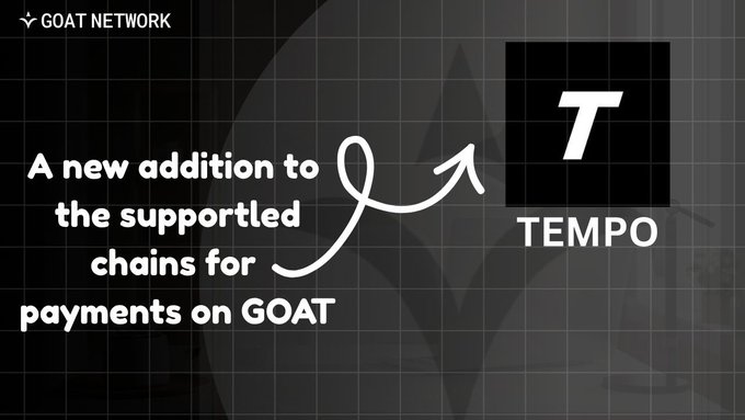 A promotional graphic from GOAT NETWORK announcing Tempo as 'A new addition to the supported chains for payments on GOAT.'