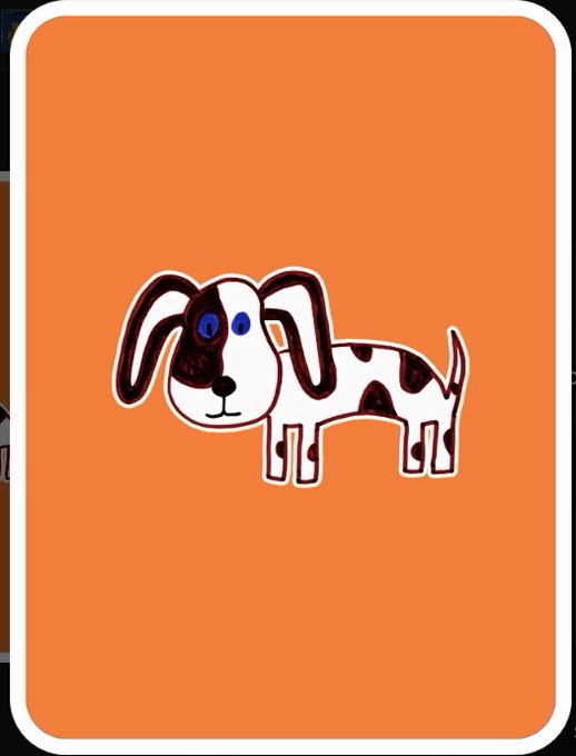 A cartoon illustration of a spotted white and brown dog with blue eyes standing on a solid orange background.