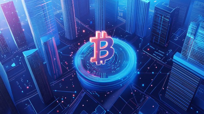 A stylized digital illustration featuring a glowing pink Bitcoin (₿) symbol hovering above a futuristic cityscape of skyscrapers rendered in vibrant blue and magenta neon tones.