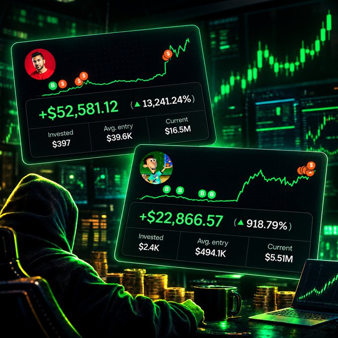 A stylized digital artwork showing a hooded figure looking at two floating investment/crypto portfolio displays showing returns of '+$52,581.12' and '+$22,866.57' against a background of green stock market candlestick charts.