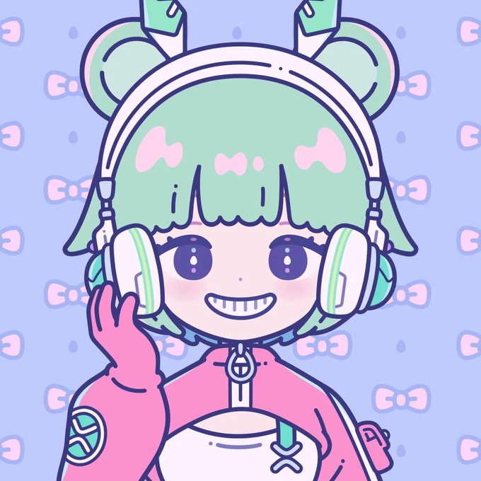 A cute anime-style illustration of a green-haired character with heart-shaped reflections in her eyes, wearing headphones and a pink outfit, with a background pattern of small bow icons.