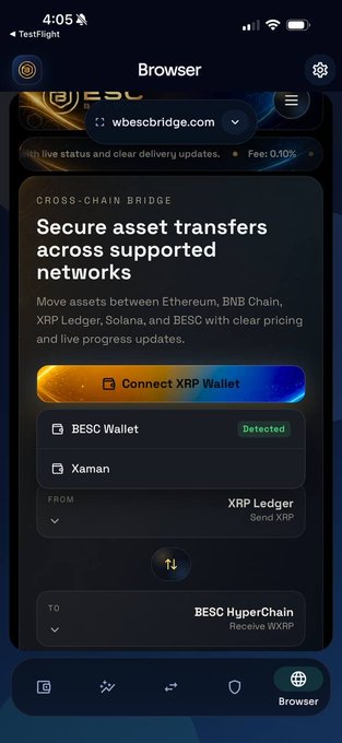 The image shows a phone screen displaying a webpage about Bitcoin wallets, specifically focusing on the BSc Wallet app available for download from Wbescbridge.com. The screen also includes an XRP Ledger page that provides information about the Ripple Ledger protocol.