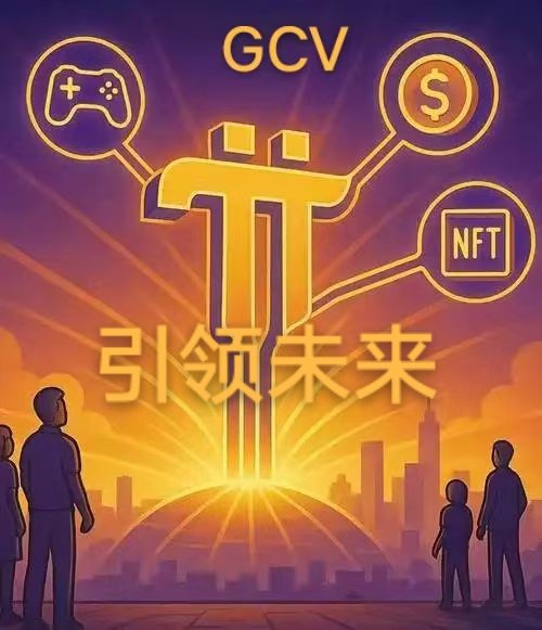 A promotional graphic for 'GCV' featuring a stylized golden cryptocurrency symbol, Chinese text '引领未来' (leading the future), and icons for gaming, dollars, and NFTs against a cityscape backdrop.