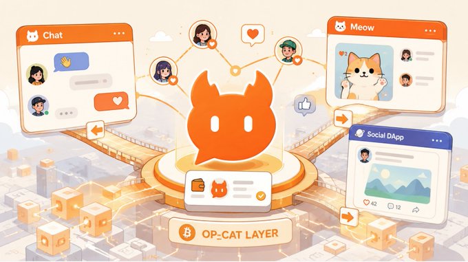 An illustrated graphic showcasing social and chat applications ('Chat', 'Meow', 'Social App') connected around a central orange cat logo with the text 'OP_CAT LAYER' and a Bitcoin symbol.