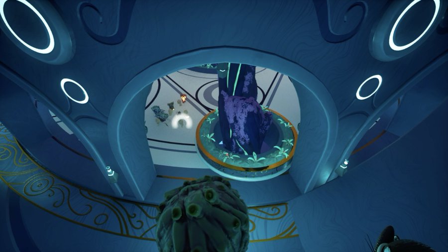 A first-person view from a video game showing a large tentacled creature looking down into a circular chamber with glowing lights and a central purple structure.