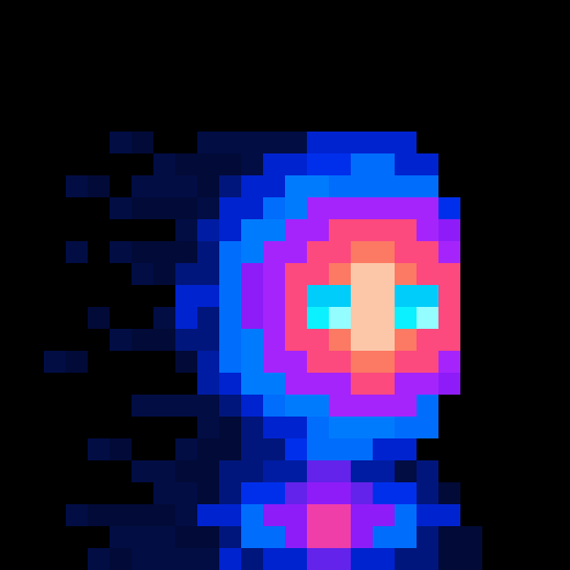 A pixel art portrait of a figure with a blue hood, pink face, and cyan eyes against a black background.