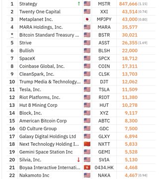 A leaderboard listing cryptocurrency treasury strategies including Strategy (MSTR) at 847,666, Twenty One Capital (XXI) at 43,514, and Metaplanet (MPJPY) at 43,000, among others.