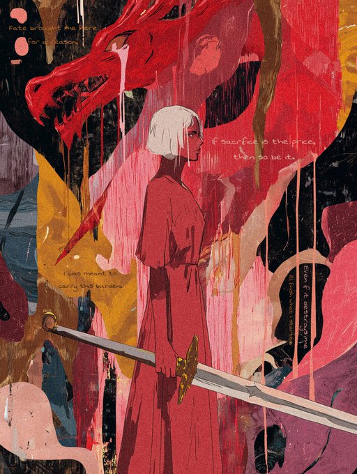 The image features a woman dressed in a red dress holding a sword, standing against a backdrop of a dragon with red and yellow colors. The background includes text that reads "THE BURDEN" and "0.0033 ETH per edition". This suggests that there might be an online store selling the book "THE BURDEN", which is available for purchase on @TransientLabs.