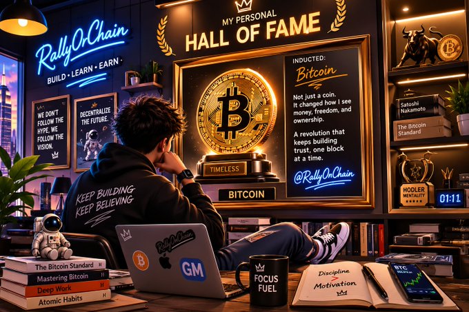The image shows a "RallyOnChain" branded display featuring a person's personal "Hall of Fame" dedicated to Bitcoin, with a glowing Bitcoin emblem, an induction plaque noting how it "changed how I see money, freedom, and ownership," and a "HODLER MENTALITY" trophy alongside a countdown timer reading "01:11." The accompanying post reflects on Bitcoin as a transformative influence on the person's perspective about ownership, trust, and money, perfectly mirroring the "Timeless" and "Bitcoin" labels highlighted in the shrine-like setup.