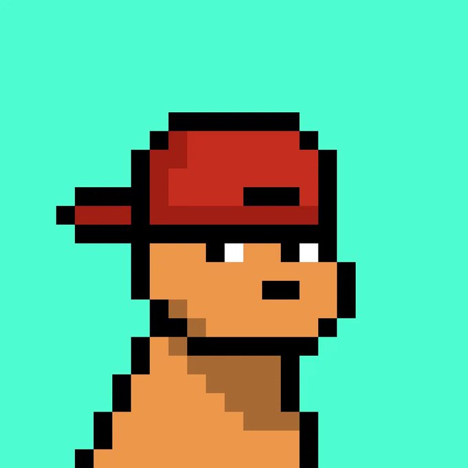 A pixel art character wearing a red backwards cap and orange shirt against a teal background.