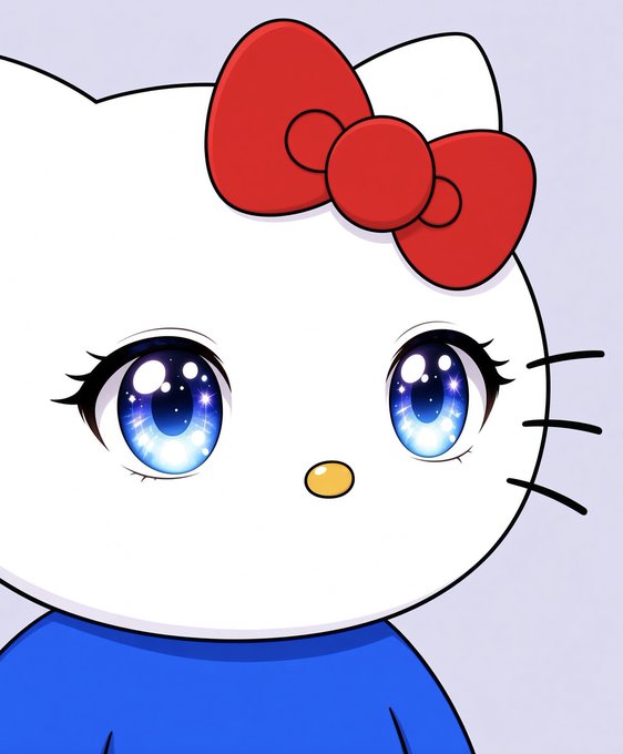 A cartoon illustration of Hello Kitty featuring her iconic white face, red bow, yellow nose, and blue outfit, with large sparkly blue eyes.