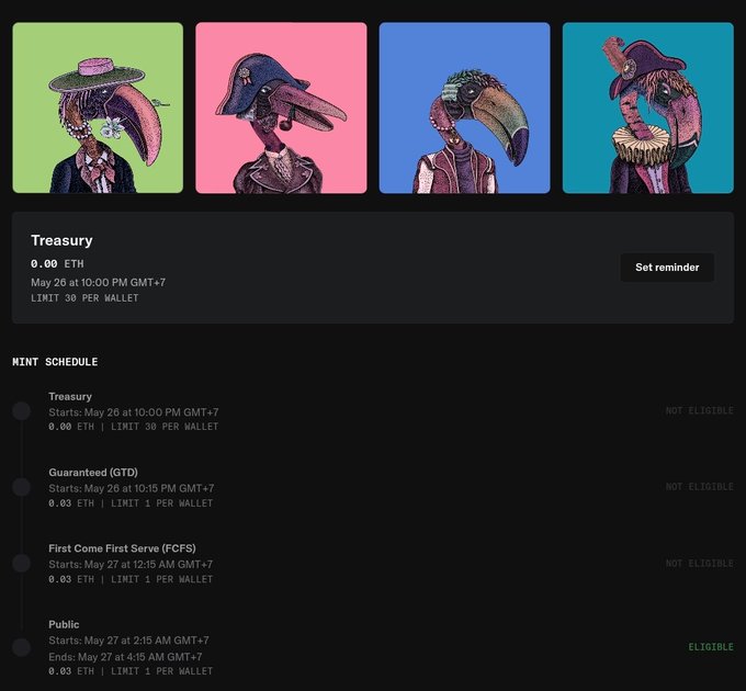 The image shows a screenshot of a website called "mint" with four different cartoon characters, each wearing hats and suits, displayed on separate squares against a black background. The text at the top of the screen reads "Treasure", while the bottom part displays the time as "6:08 eth". The post also mentions that there is an event scheduled for May 26th at 6:00 pm.