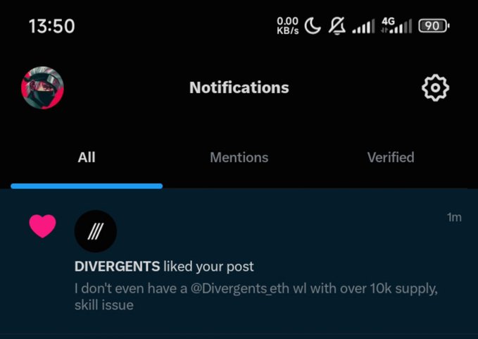Twitter/X notifications screen showing 'DIVERGENTS liked your post' with the text 'I don't even have a @Divergents.eth wl with over 10k supply, skill issue'.