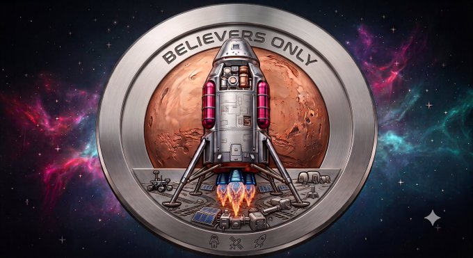 A circular metallic emblem featuring a lunar lander descending onto Mars's surface, with the text 'BELIEVERS ONLY' arched at the top against a colorful nebula and starry space background.