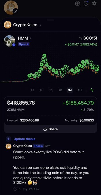 CryptoKaleo showcases their HMM position on FOMO, displaying a chart showing HMM priced at $0.0151 with gains of $188,454.79 (+3,582.74%), along with a thesis noting "Chart looks exactly like PONS did before it ripped" and urging followers to stack HMM before it pumps to $100M+. The post promotes stacking HMM daily using referral fees, aligning with the bullish chart and thesis shown in the screenshot.