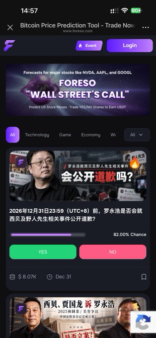A mobile screenshot of a Bitcoin Price Prediction Tool app showing a 'YES/NO' forecast about whether 罗永浩 (Luo Yonghao) and 西贝 (Xibei) executives will publicly apologize before December 31, 2026.