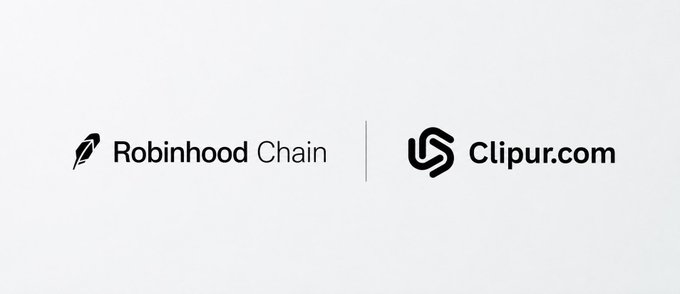 The image displays the logos of "Robinhood Chain" and "Clipur.com" side by side with a vertical divider, signaling a partnership announcement. This visual supports the post about Clipur.com bringing its services to Robinhood Crypto/Chain.