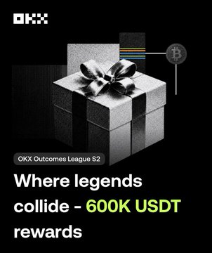 A promotional graphic for OKX Outcomes League S2 featuring a black and white gift box design with text 'Where legends collide - 600K USDT rewards' and a Bitcoin logo.