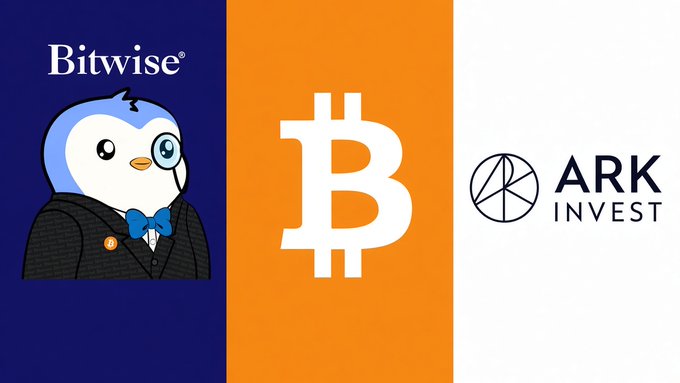 The image displays three side-by-side panels featuring the Bitwise logo (with its penguin mascot in a suit), a white Bitcoin symbol on an orange background, and the ARK Invest logo. This visual ties to the post's announcement that Bitwise and ARK Invest's Bitcoin ETFs collectively purchased $35.8 million worth of BTC, highlighting continued institutional accumulation of Bitcoin.