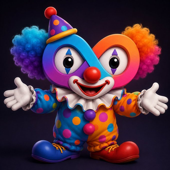A 3D rendered colorful clown character with rainbow afro hair, a party hat, polka dot outfit, and a happy open-mouthed expression with arms outstretched.