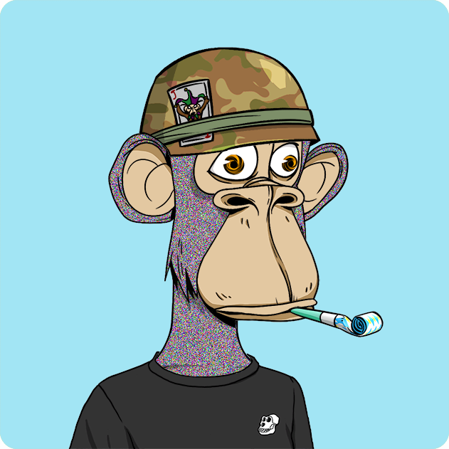 A cartoon illustration of a Bored Ape-style character wearing a military cap and black shirt, holding a lit cigarette in its mouth.