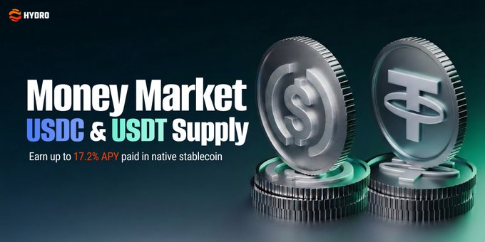 A promotional banner for Hydro featuring the text 'Money Market USDC & USDT Supply' with the offer 'Earn up to 17.2% APY paid in native stablecoin' alongside 3D-rendered USDC and USDT coin symbols.