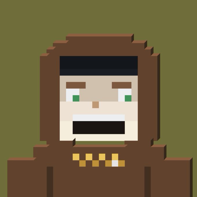 Pixel art illustration of a hooded figure with green eyes wearing a gold chain with a cross pendant, set against an olive green background.