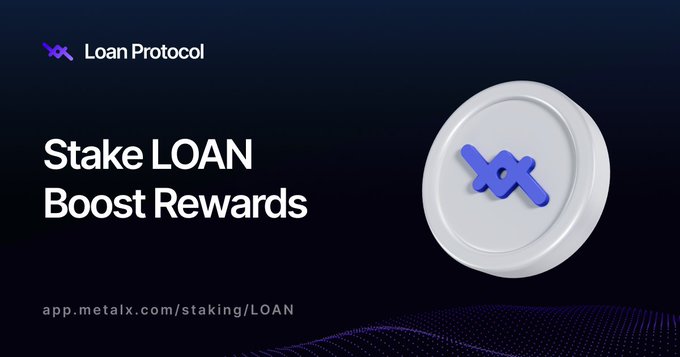 The image features a white circular coin with a blue x on top of it, which appears to be a token or reward for staking money into a cryptocurrency wallet. The text "Stake LOAN to earn rewards" suggests that users can stake their money in a digital currency and potentially receive rewards based on the value of their tokens. The post also mentions an app called "app.metalx.com/staking/LOAN", which could be related to this staking platform or another cryptocurrency-related service.