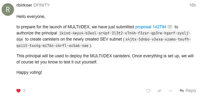 The image shows a Discord message from user "rbirkner" at DFINITY announcing the submission of proposal 142794 to authorize a principal for creating canisters on the SEV subnet (x4jtx-5dnbo-v3exa-vzamo-teufh-qsiit-txx4g-m176n-ckrfl-oc5a6-nae) to prepare for the launch of MULTI/DEX on ICP.
