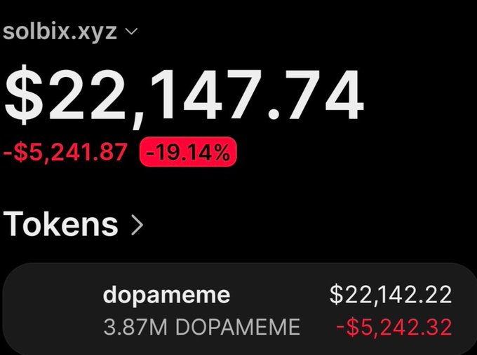A mobile screen showing the solbix.xyz portfolio tracker for a token called "dopameme," displaying a total value of $22,147.74 with a -19.14% daily loss (-$5,241.87), held as 3.87M DOPAMEME tokens worth $22,142.22. The image illustrates the significant unrealized gains mentioned in the post, where a $900 investment grew to a $22,100 holding as the token's market cap rose from $47K to $5.2M.