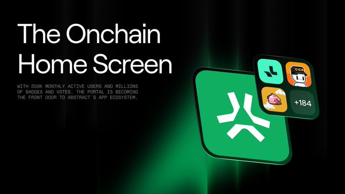The image shows a large square with the text "The ONCHAIN Home Screen" at the top center. Below this, there are three icons displayed vertically - one on the left side, one in the middle, and one on the right side of the screen. The icons represent different types of apps within an onchain ecosystem. The image is positioned on a black background, which makes it stand out prominently. In the bottom part of the image, there's some text that appears to be about the Portal app, specifically stating "Focus on what is in the image and how it relates to the post."
