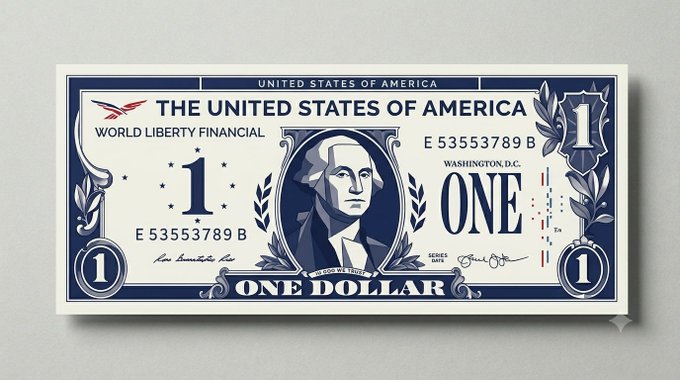 A novelty one-dollar bill labeled 'WORLD LIBERTY FINANCIAL' styled after US currency with Washington's portrait.