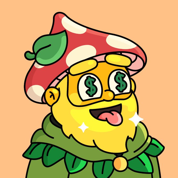 A cartoon character with a red-and-white spotted mushroom cap hat, green leaf, and dollar signs for eyes smiles with its tongue out, perfectly capturing the sleepy, money-obsessed "Nibbles" mood of winding down after a night shift.