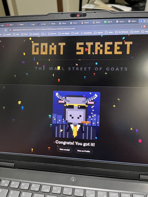 A laptop screen displays a 'GOAT STREET' NFT page with the text 'THE WALL STREET OF GOATS' and 'Congrats! You got it!' alongside a pixel art goat character.