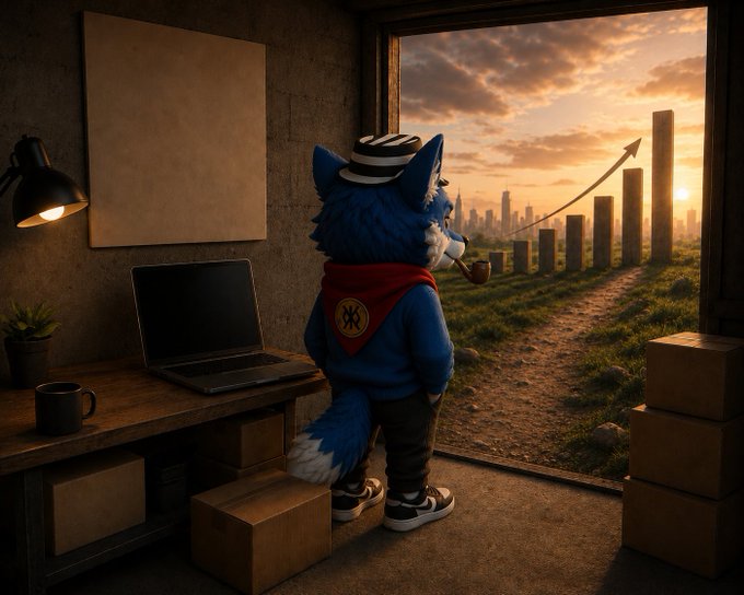 The image features a cartoon character, likely a blue fox, standing inside an office setting. The fox appears to be wearing a hat and scarf while holding a pipe. There are two laptops present in the scene - one located near the left side of the image and another on the right side. A keyboard is also visible on the desk next to the first laptop.

The background shows a cityscape with buildings, indicating that the office space might be located within an urban area. The overall atmosphere suggests a creative or artistic environment where the fox character could be working as a cartoonist or artist.
