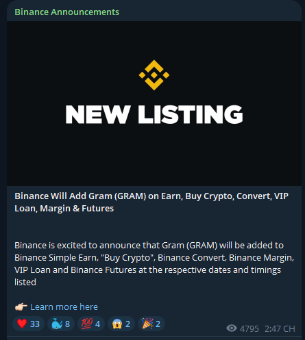 Binance Announcements post titled 'NEW LISTING' announcing that Binance will add Gram (GRAM) on Earn, Buy Crypto, Convert, VIP Loan, Margin & Futures.