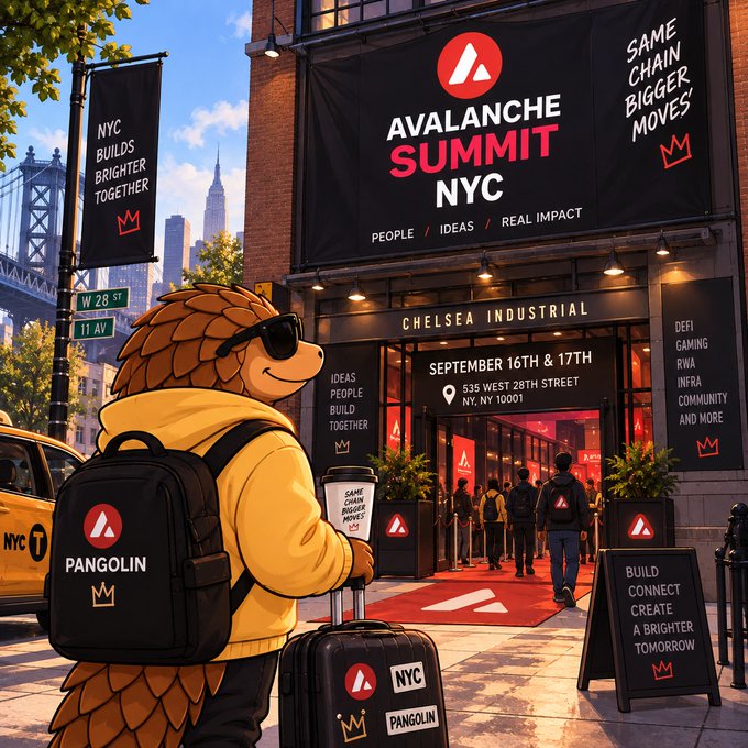 An anthropomorphic pangolin mascot wearing sunglasses and a yellow hoodie stands outside the Chelsea Industrial venue in NYC, carrying a "Pangolin NYC" backpack and luggage, with banners advertising "Avalanche Summit NYC — September 16th & 17th, 535 West 28th Street, NY, NY 10001" displayed prominently around the entrance.

The image perfectly matches the post's excitement for the Avalanche Summit NYC, visually representing the "GM Avalanche" energy and the mascot signaling readiness with their packed bags for tomorrow's big event.