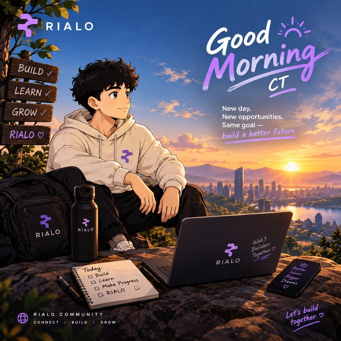 An anime-style 'Good Morning' community post featuring a young man with a RIALO-branded laptop and water bottle overlooking a sunrise cityscape. Signage reads 'BUILD ✓ LEARN ✓ GROW ✓ RIALO ♡' alongside text 'New day. New opportunities. Same goal — build a better future.'